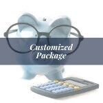 blue saving piggy bank with banner reading customized package for virtual assistant services